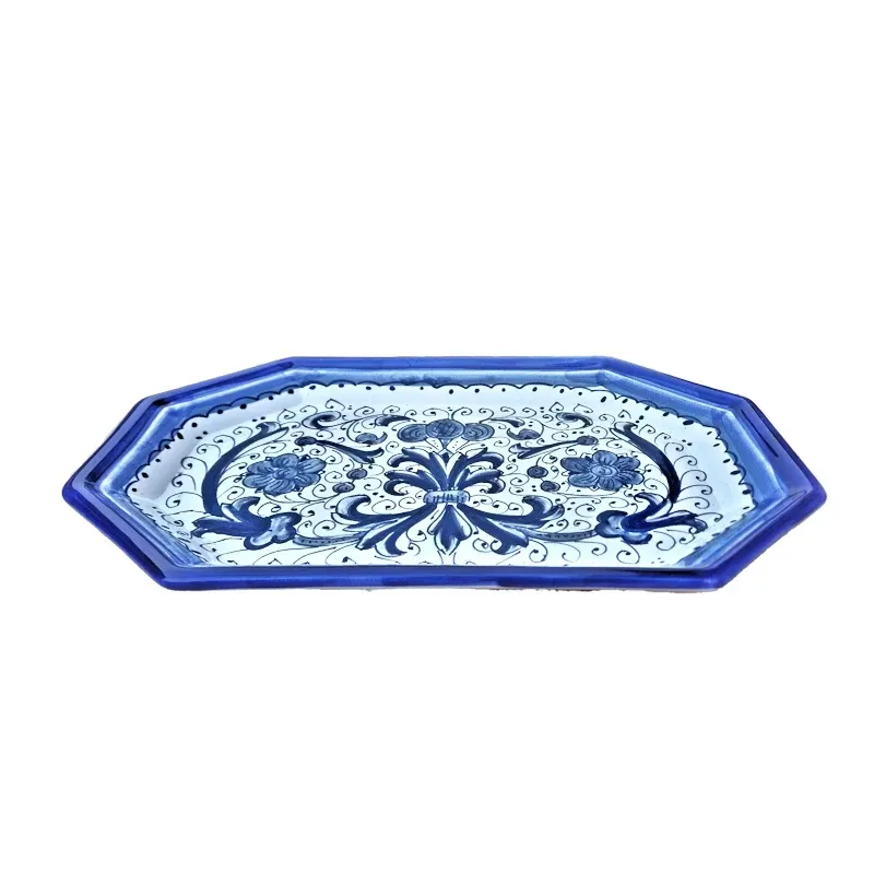 Vassoio ottagonale ceramica maiolica Deruta ricco Deruta blu monocolore