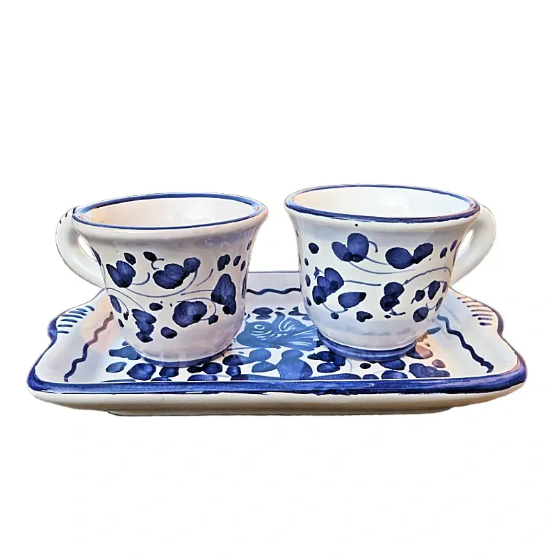 Coffee service Deruta majolica ceramic hand painted with 2 cups and tray with blue arabesque decoration