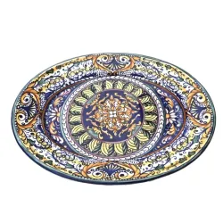 Oval tray majolica ceramic Deruta geometric yellow band