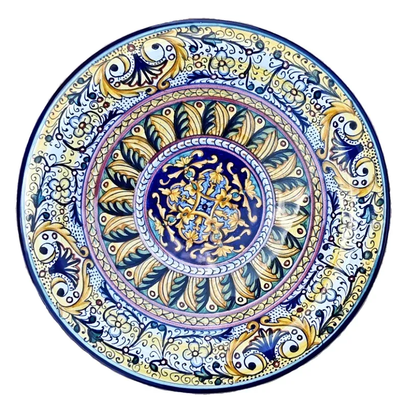 Piatto ceramica maiolica Deruta dipinto a mano da Parete o Centrotavola decoro vario fascia gialla
