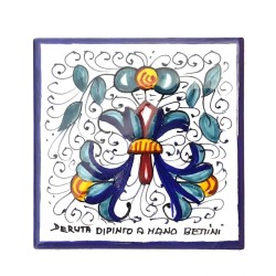 Mattonella ceramica maiolica Deruta dipinta a mano decoro ricco Deruta blu quadrata