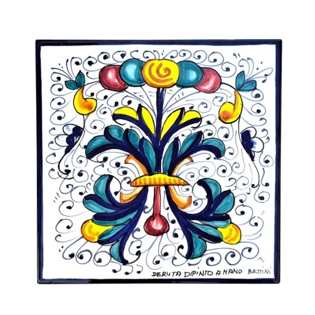 Mattonella ceramica maiolica Deruta dipinta a mano decoro ricco Deruta blu quadrata