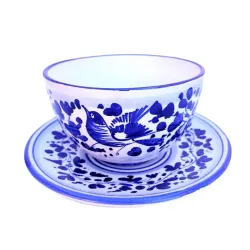 Tazza colazione con piatto ceramica maiolica Deruta arabesco blu