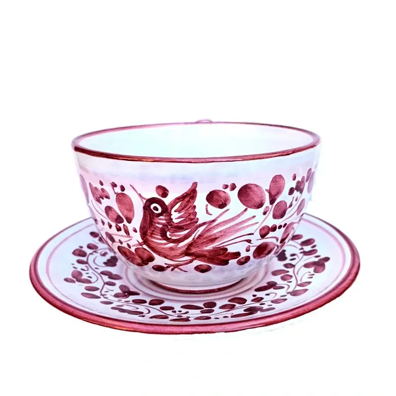 Breakfast cup with saucer majolica ceramic Deruta red arabesque
