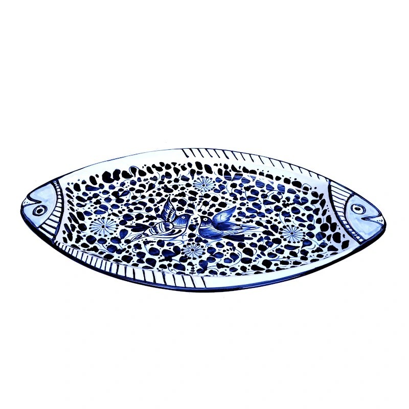 Piatto pesce ovale da portata ceramica maiolica Deruta arabesco blu