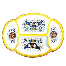 Oval baroque appetizer tray 4 compartments majolica ceramic Deruta rich Deruta yellow
