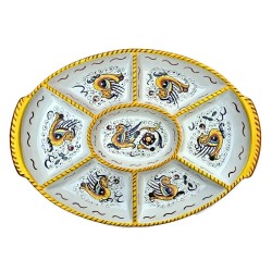Oval appetizer tray 7 compartments with handles majolica ceramic Deruta raphaelesque